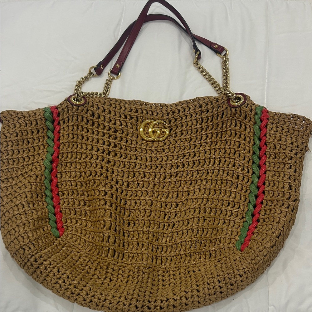 Gucci Tan Woven Tote with Red and Green Accents